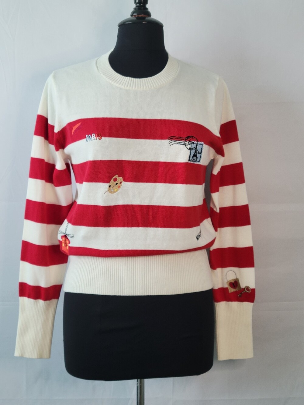 Brodie Fun Stripe Cropped Cardigan With French Embroidery In Red And Cream Med
